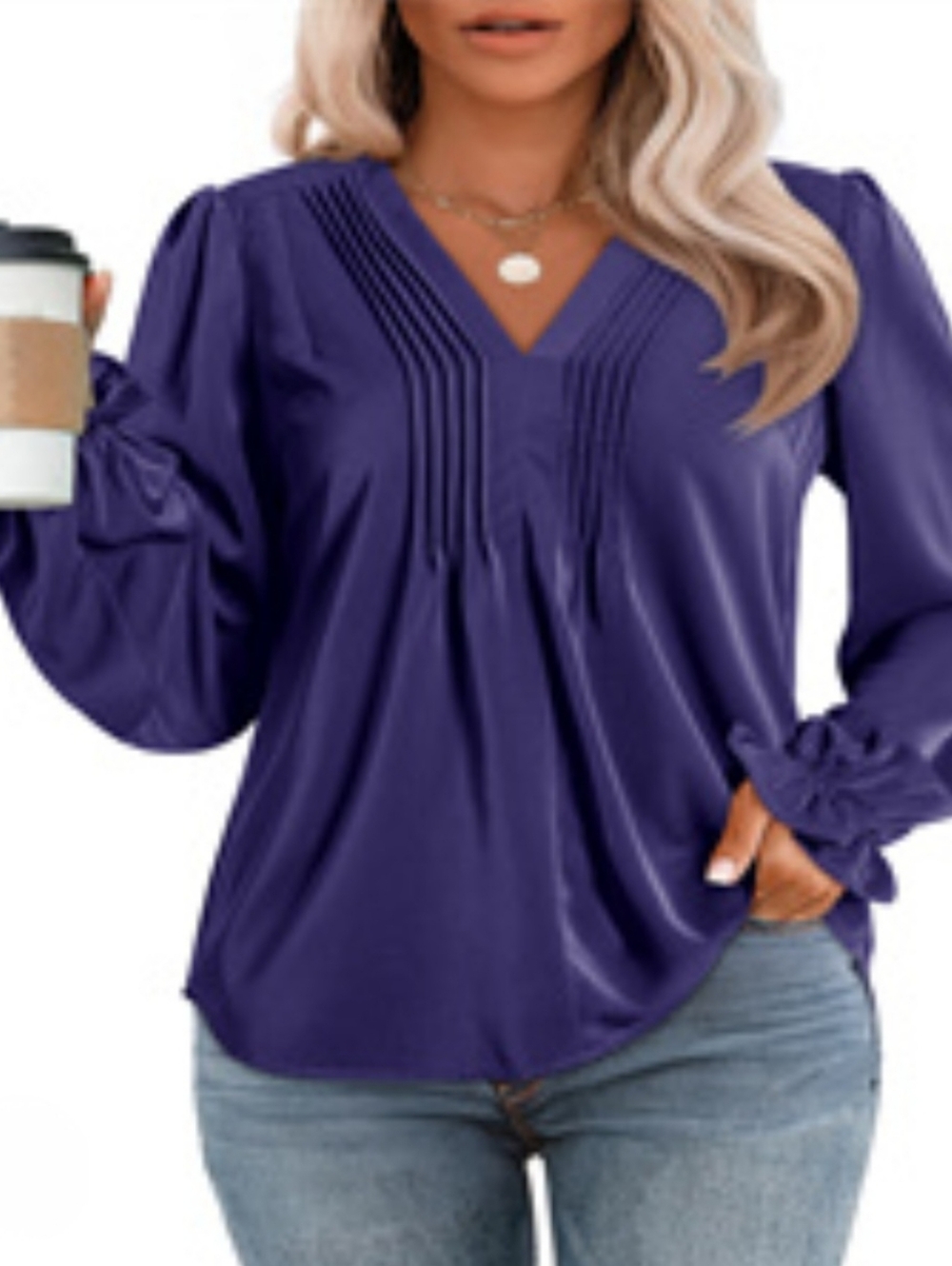 Women’s V-Neck Pleated Long Sleeve Top - Blue
